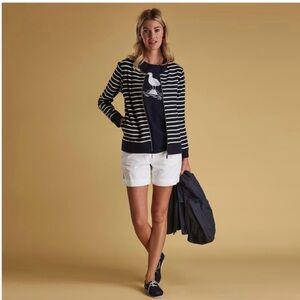Barbour Navy & White Striped Knit Seaward Nautical Jacket Bomber Sz 4 Small